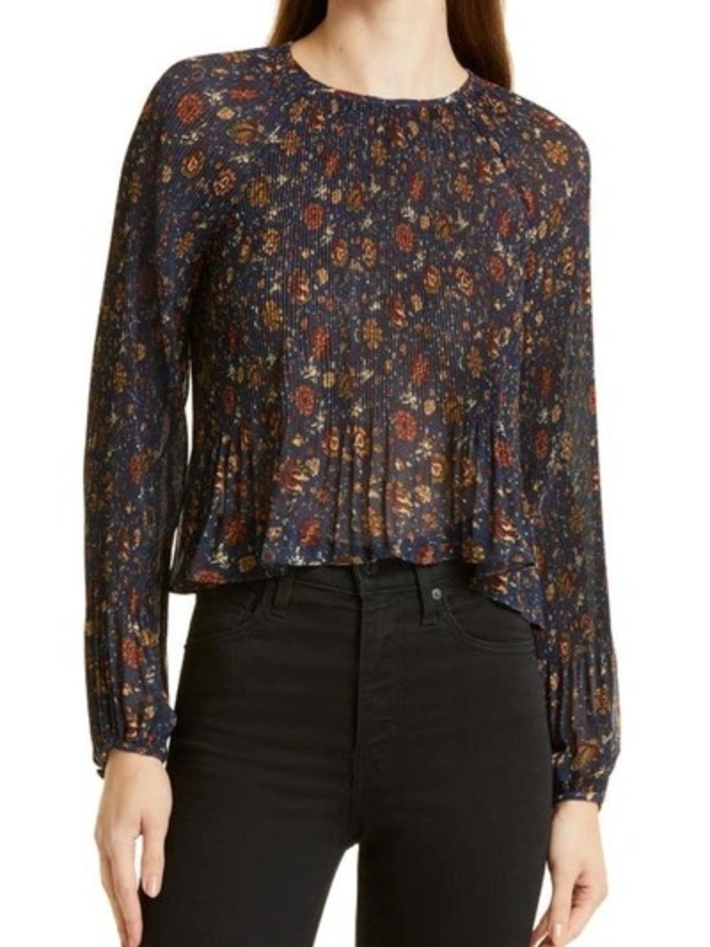Veronica Beard Navy Floral Pleated Long-Sleeve Blouse